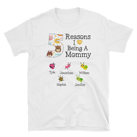 Image of Personalized 5 Reason I Love Being A Mommy Custom Kids Name Unisex Softstyle T-Shirt, Cute Mother's Day Gift For Mommy, Grandma and Aunt