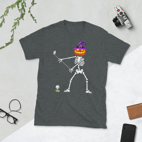 Image of Golf Skeleton Pumpkin Witch Halloween Lazy Costume Short-Sleeve Unisex T-Shirt