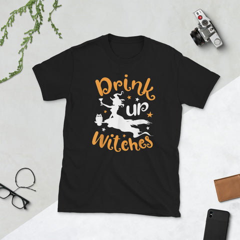 Image of Drink Up Witches Halloween Women Drinking Wine Short-Sleeve Unisex T-Shirt