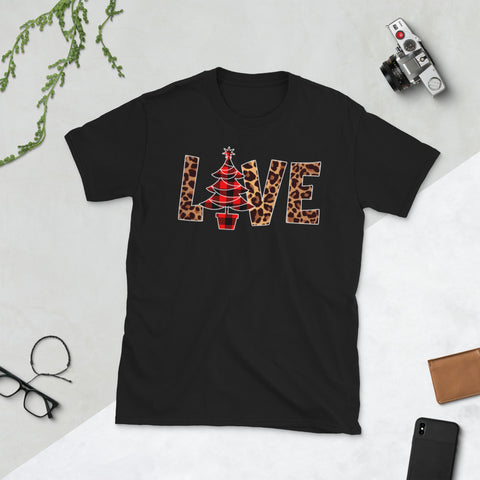 Image of Leopard Buffalo Plaid Christmas Tree Love Merry Christmas Short-Sleeve Unisex T-Shirt