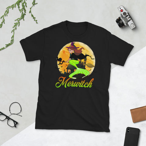 Image of Merwitch Mermaid Witch Cat Fly Halloween Costume Short-Sleeve Unisex T-Shirt