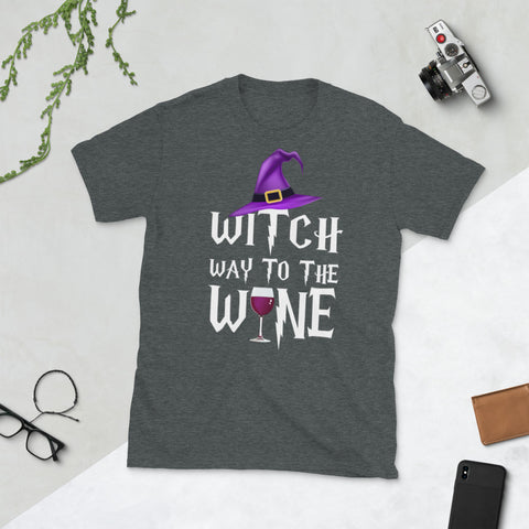 Image of Witch Way To The Wine Funny Halloween Short-Sleeve Unisex T-Shirt