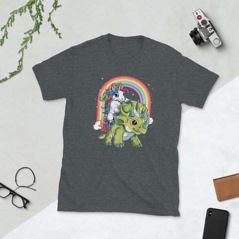 Image of Unicorn Riding Dinosaur Triceratops Rainbow Gifts Short-Sleeve Unisex T-Shirt
