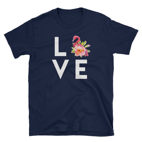 Image of LOVE Flamingo Flowers Short-Sleeve Unisex T-Shirt, Flamingo Summer Shirt, Women Shirt, Flamingo Lover Shirt