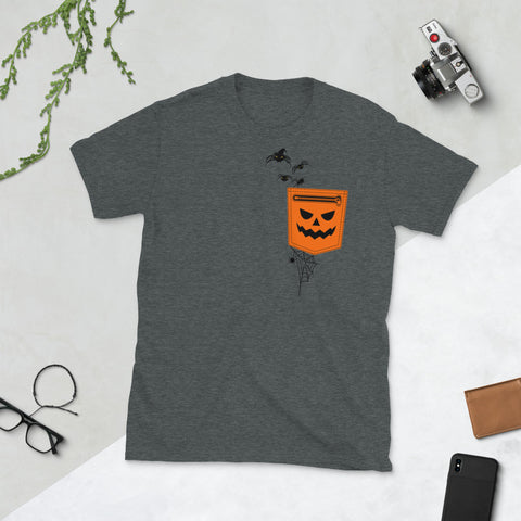 Image of Funny Print Pocket Pumpkin Spider Witch Halloween Short-Sleeve Unisex T-Shirt