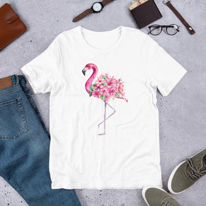 Watercolor Pink Flamingo With Tropical Flowers Short-Sleeve Unisex T-Shirt