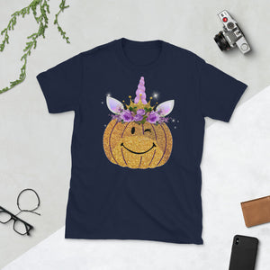 Cute Unicorn Face Pumpkin Flower Halloween Short-Sleeve Unisex T-Shirt