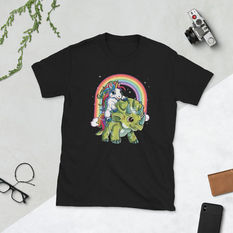Image of Unicorn Riding Dinosaur Triceratops Rainbow Gifts Short-Sleeve Unisex T-Shirt