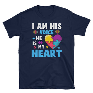 World Autism Awareness Day I Am His Voice He Is My Heart Short-Sleeve Unisex T-Shirt, Gift For Autism Mom, Autism Awareness Day Shirt