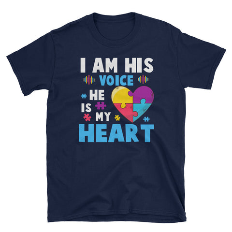 Image of World Autism Awareness Day I Am His Voice He Is My Heart Short-Sleeve Unisex T-Shirt, Gift For Autism Mom, Autism Awareness Day Shirt