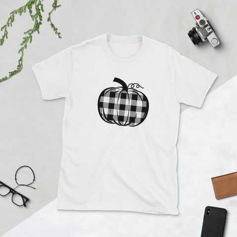 Image of Halloween Pumpkin Shirt With Buffalo Plaid Short-Sleeve Unisex T-Shirt
