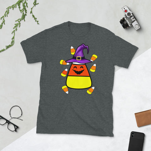 Image of Candy Corn Emoticon Winky Face Witch Funny Halloween Short-Sleeve Unisex T-Shirt