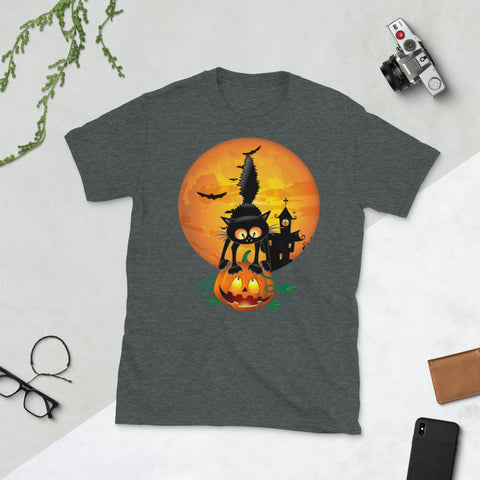 Image of Cat Halloween Black Cat Pumpkin And Moon Bat Halloween Short-Sleeve Unisex T-Shirt