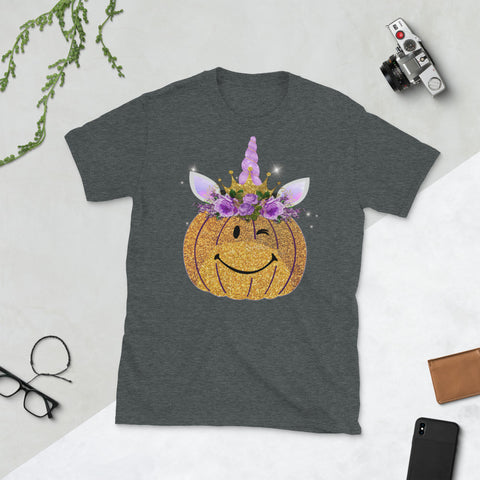 Image of Cute Unicorn Face Pumpkin Flower Halloween Short-Sleeve Unisex T-Shirt
