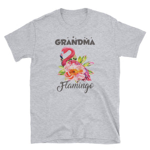 Personalized Grandma Flamingo Flowers Short-Sleeve Unisex T-Shirt, Grandma Gift, Flamingo Watercolor Shirt, Pink Flamingo Shirt for Summer