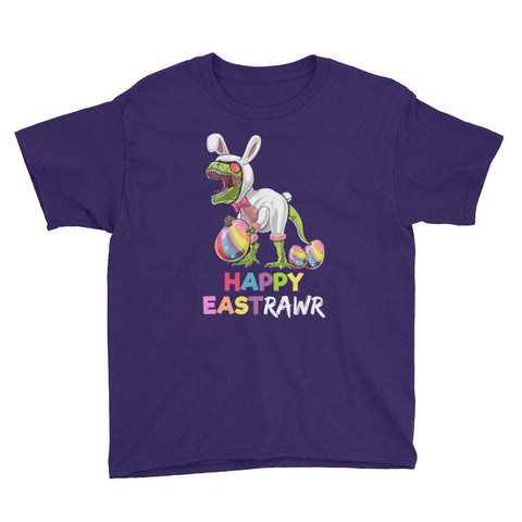 Image of Funny Easter Day Happy EastRawr T Rex Dinosaur Easter Bunny Egg Shirt Kids Youth Short Sleeve T-Shirt