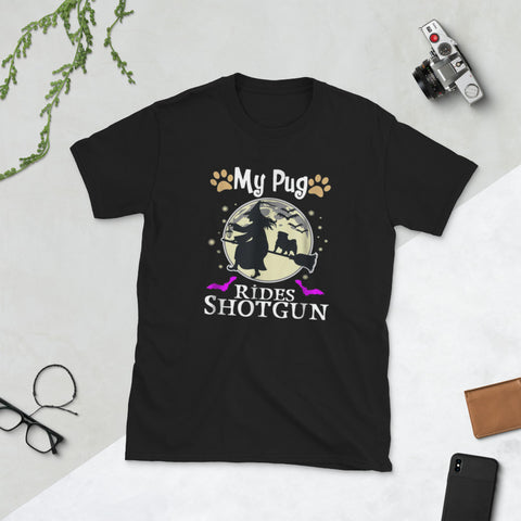 Image of My Pug Rides Shotgun Halloween Short-Sleeve Unisex T-Shirt