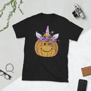 Cute Unicorn Face Pumpkin Flower Halloween Short-Sleeve Unisex T-Shirt