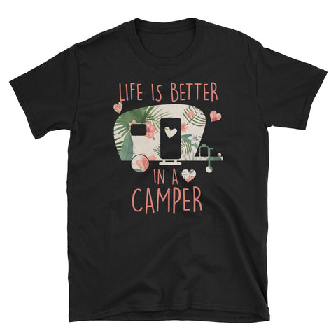 Image of Life Is Better In A Camper Natural Unisex Softstyle T-Shirt, Funny Camping T-shirt For Summer