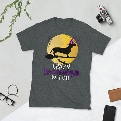 Image of Crazy Dachshund Witch Dog Halloween Costume Short-Sleeve Unisex T-Shirt