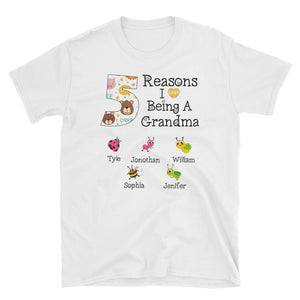 Personalized 5 Reasons I Love Being A Grandma Custom Kids Name Unisex Softstyle T-Shirt, Mother's Day Gift For Grandma, Mommy, Aunt