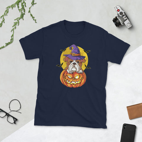 Image of English Bulldog Witch Pumpkin Halloween Short-Sleeve Unisex T-Shirt