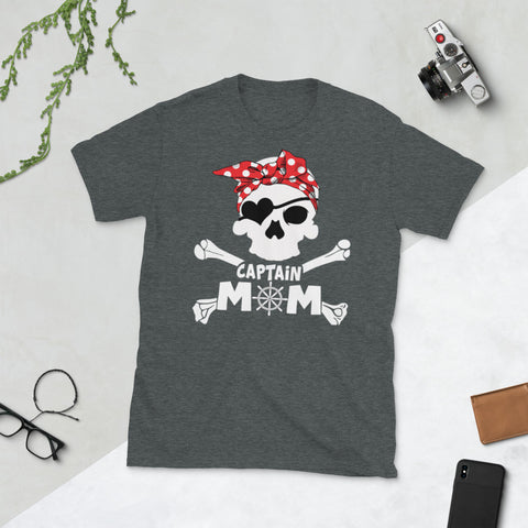 Image of Captain Mom Pirate Skull Theme Halloween Costume Dot Red Short-Sleeve Unisex T-Shirt