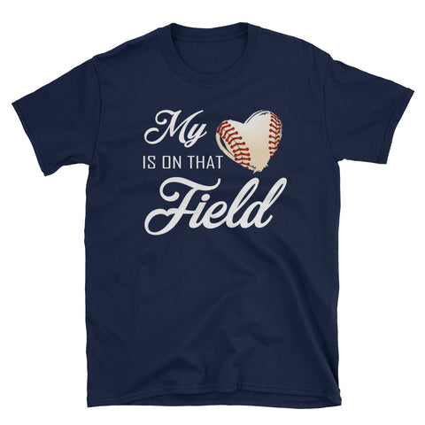 Image of My Heart Is On That Field Unisex Softstyle T-Shirt, Baseball Mom For Mother's Day