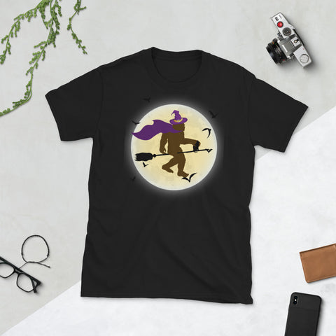 Image of Witch Bigfoot Fly With Cat Halloween Short-Sleeve Unisex T-Shirt
