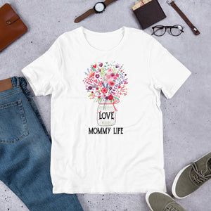 Personalized Love Mommy Life Mason Jar Flowers Premium Short-Sleeve Unisex T-Shirt, Grandma Life | Aunt Life | Nana Life | Mom Life