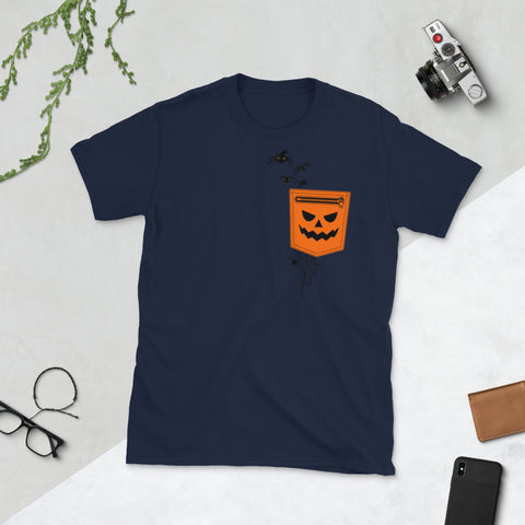 Image of Funny Print Pocket Pumpkin Spider Witch Halloween Short-Sleeve Unisex T-Shirt