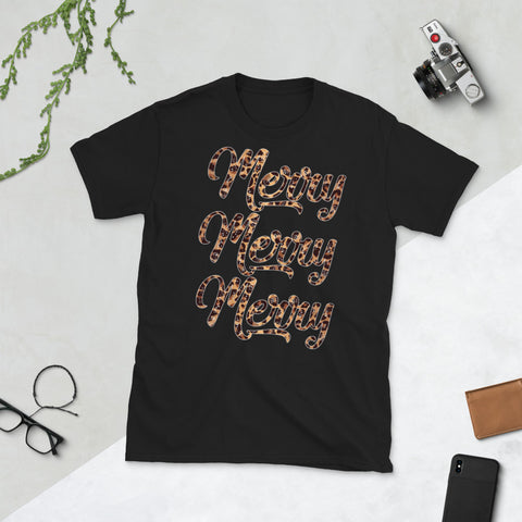 Image of Leopard Plaid Christmas Tree Merry Merry Merry Christmas Short-Sleeve Unisex T-Shirt
