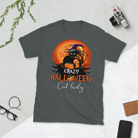 Image of Crazy Halloween Cat Lady Black Cat In Moon Bat Halloween Short-Sleeve Unisex T-Shirt