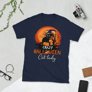 Crazy Halloween Cat Lady Black Cat In Moon Bat Halloween Short-Sleeve Unisex T-Shirt