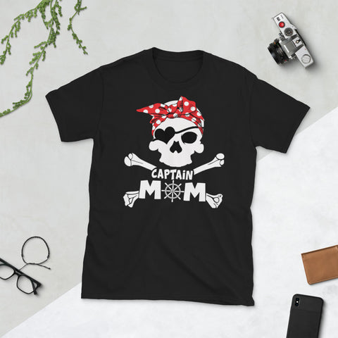 Image of Captain Mom Pirate Skull Theme Halloween Costume Dot Red Short-Sleeve Unisex T-Shirt