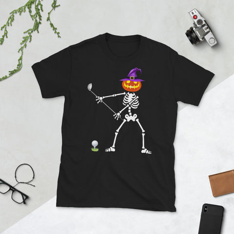 Image of Golf Skeleton Pumpkin Witch Halloween Lazy Costume Short-Sleeve Unisex T-Shirt