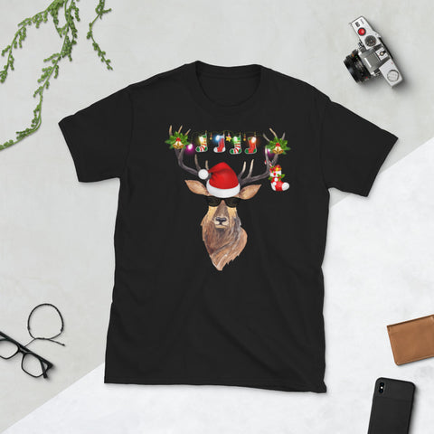 Image of Reindeer With Sunglasses Funny Christmas Short-Sleeve Unisex T-Shirt