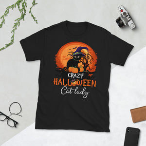 Crazy Halloween Cat Lady Black Cat In Moon Bat Halloween Short-Sleeve Unisex T-Shirt