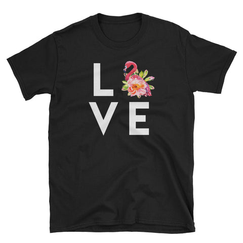Image of LOVE Flamingo Flowers Short-Sleeve Unisex T-Shirt, Flamingo Summer Shirt, Women Shirt, Flamingo Lover Shirt