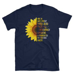 She Is Life Itself Wild And Free  Wonderfully Chaotic A Perfectly Sunflower Short-Sleeve Unisex T-Shirt, Yoga Sunflower T-shirt