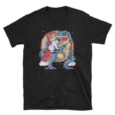 Image of Unicorn Riding Dinosaur T rex Short-Sleeve Unisex T-Shirt