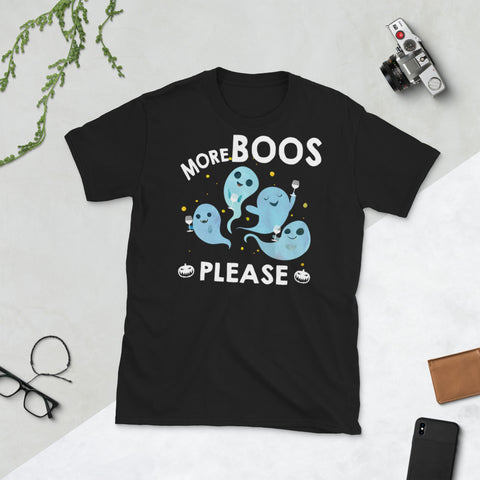 Image of More Boos Please Halloween Ghost Wine Pumpkin Short-Sleeve Unisex T-Shirt
