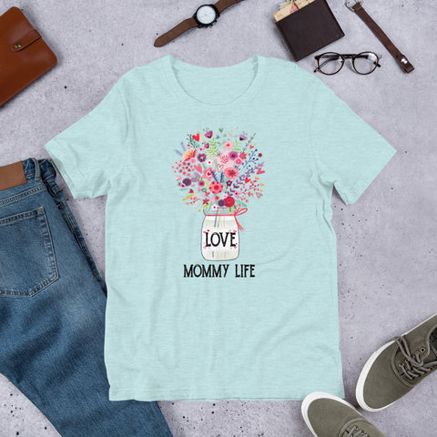 Image of Personalized Love Mommy Life Mason Jar Flowers Premium Short-Sleeve Unisex T-Shirt, Grandma Life | Aunt Life | Nana Life | Mom Life