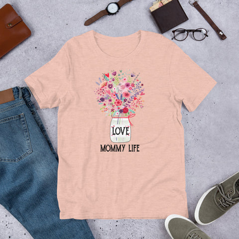 Image of Personalized Love Mommy Life Mason Jar Flowers Premium Short-Sleeve Unisex T-Shirt, Grandma Life | Aunt Life | Nana Life | Mom Life