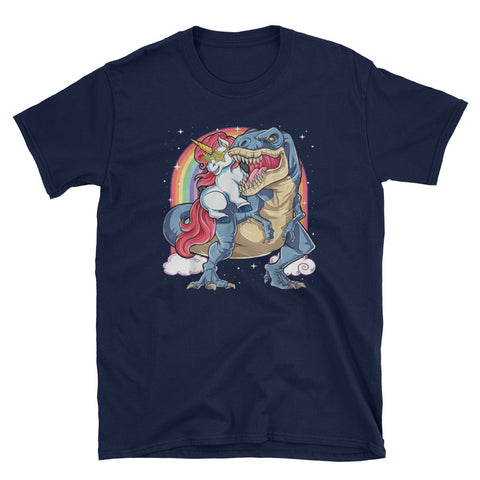 Image of Unicorn Riding Dinosaur T rex Short-Sleeve Unisex T-Shirt