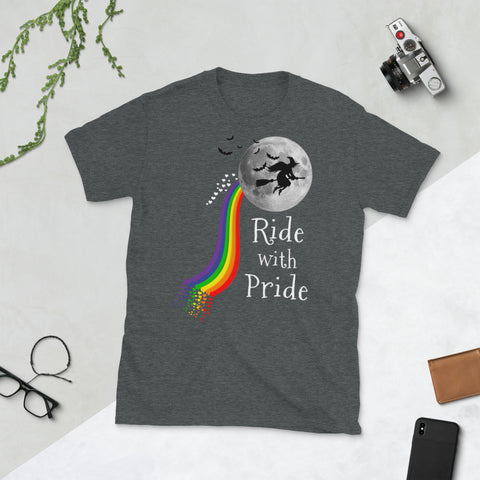 Image of Halloween Witch Ride With Pride LGBT Parody Funny Short-Sleeve Unisex T-Shirt