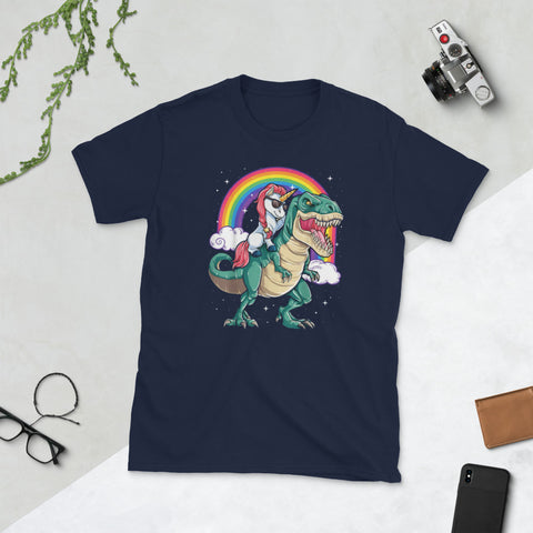 Image of Unicorn Riding T-rex Shirt Dinosaur Short-Sleeve Unisex T-Shirt