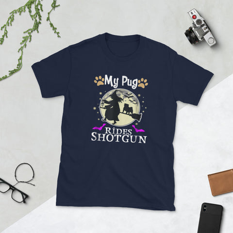Image of My Pug Rides Shotgun Halloween Short-Sleeve Unisex T-Shirt
