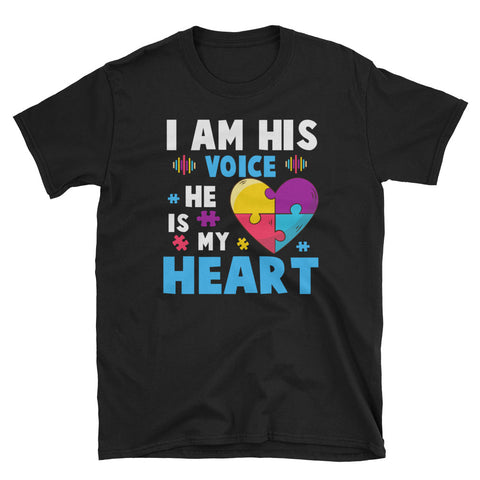 Image of World Autism Awareness Day I Am His Voice He Is My Heart Short-Sleeve Unisex T-Shirt, Gift For Autism Mom, Autism Awareness Day Shirt