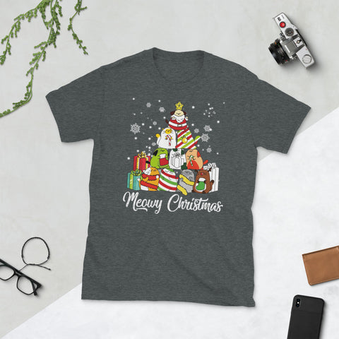 Image of Meowy Christmas Tree Funny Meowy Christmas Short-Sleeve Unisex T-Shirt